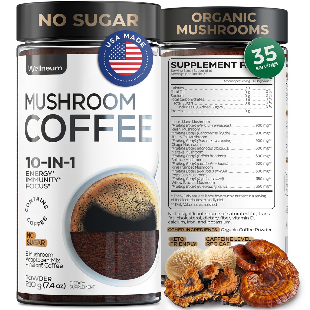 Mushroom Coffee - French Roast Style Instant Coffee + Lion’s Mane 900mg for Focus + Reishi, Chaga & Turkey Tail - 10-in-1 Mushrooms Fruiting Body Adaptogen Blend, Sugar Free, 35 Servings