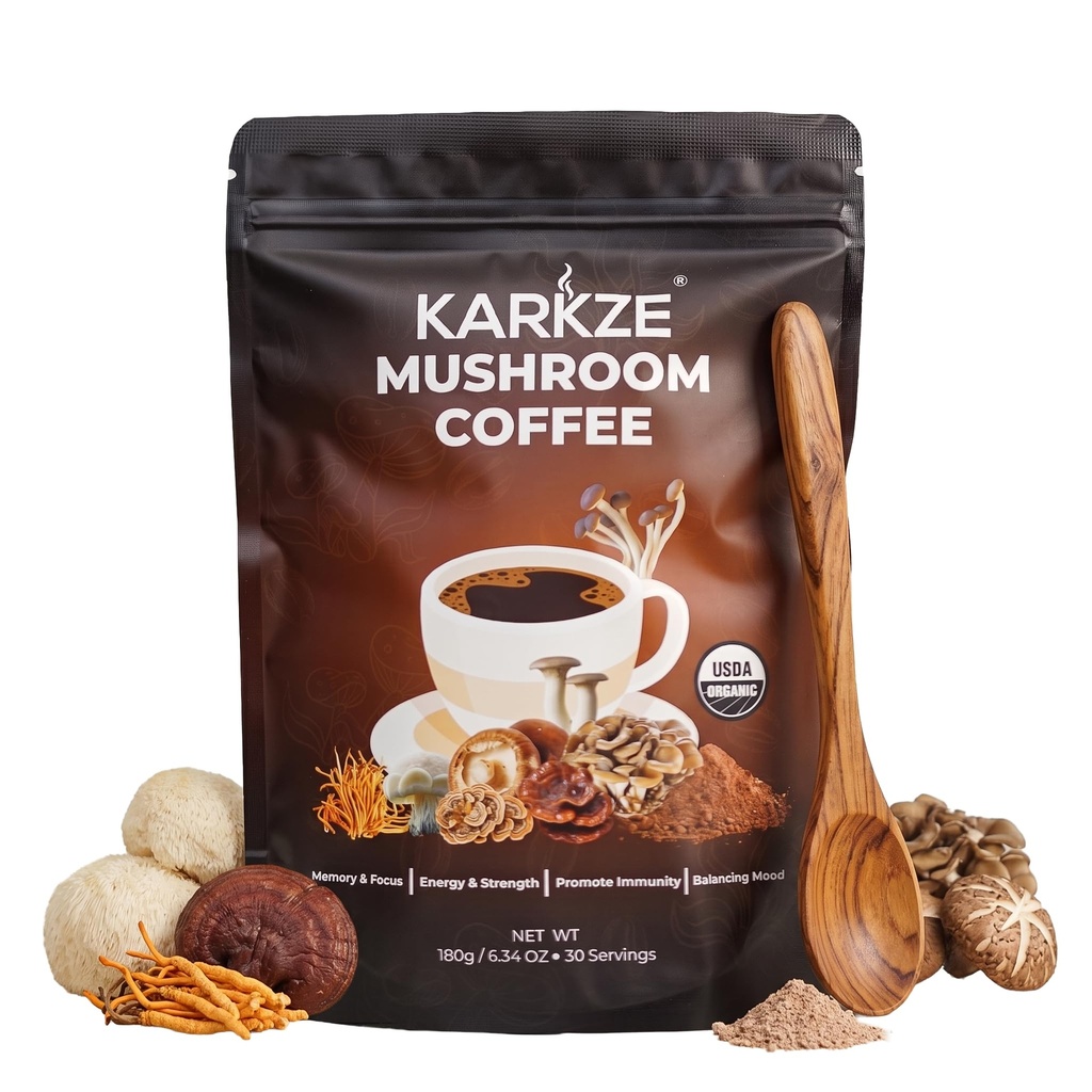 KARKZE USDA Organic Instant Mushroom Coffee, Arabica Blend with 7 Adaptogenic Mushrooms & L-Theanine, Lion's Mane, Reishi, Cordyceps, Turkey Tail, Chaga, Shiitake & Maitake, Supports Focus, Energy, Immune & Gut Health, 30 Servings, 6.35 oz