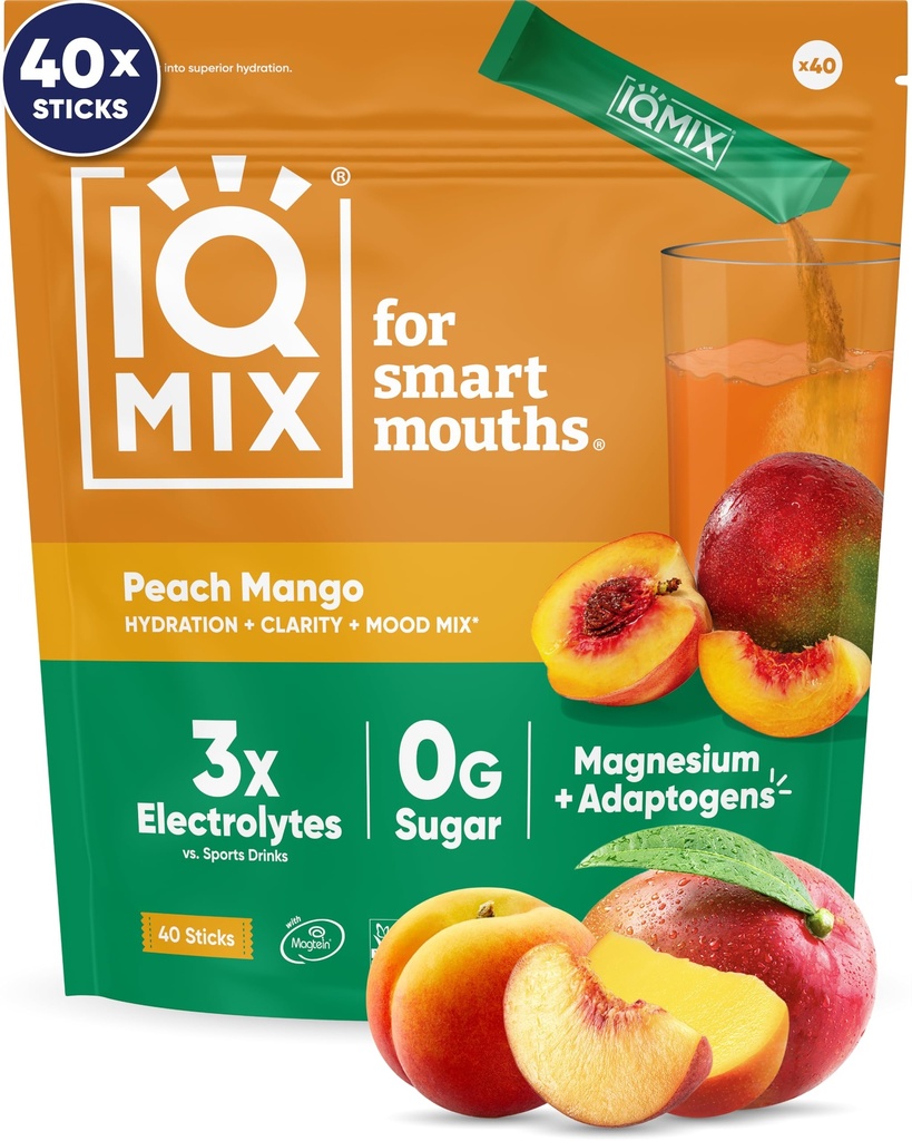 IQMIX Hydration Electrolyte Powder – 4-in-1 Formula for Hydration, Mental Clarity, Mood and Recovery – Sugar-Free Drink Mix, Keto, Magnesium L-Threonate, Lion’s Mane – 40 Count Peach Mango