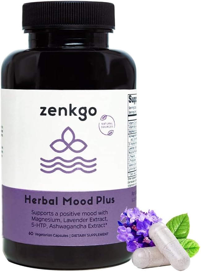 Zenkgo Ashwagandha, 5-HTP, Lavender, Mucuna, L-tryptophan - Mood Support Supplement, Pflanzenbasiert, Kräutermood Plus Hilft mit ruhigem Mind & Stress Relief, Emotion Blalance, Positivity (60Ct/30Day)