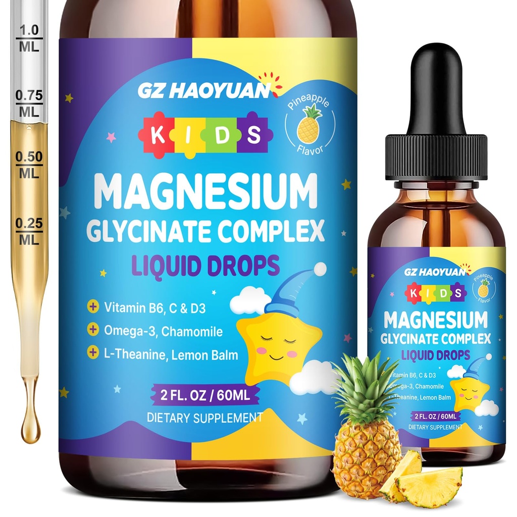 Kids Magnesium Glycinate Liquid Drops‌ – with L-Theanine, Omega-3, Vitamins B6 & D3, Zinc & Calcium – for Sleep Support, Relaxation, Focus & Brain, Bones – Pineapple Flavor, 2 Fl Oz