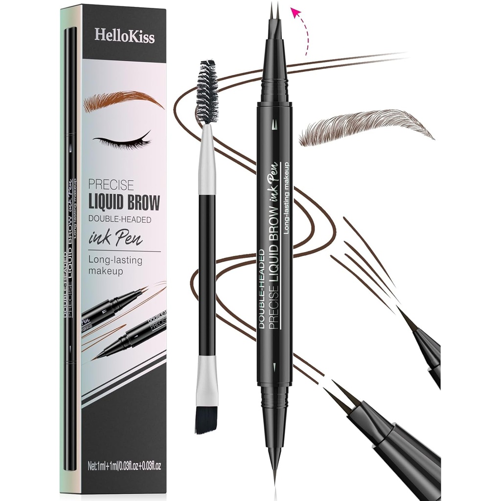 9708 2-Tip Doppelend Augenbrauenstift, 2-in-1, mit Augenbrauenbürste. Wasserdichtes und schwitzendes Proof,Precise Liquid Brow, 5 Shades, Long-Lasting (3#Dark Brown)