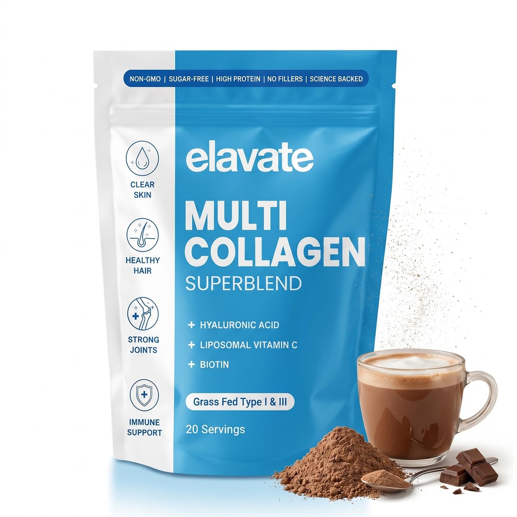 Elevate Multi Collagen Superblend Powder, Chocolate, 220g | Multi Collagen Blend, With Hyaluronic Acid & Vitamin C, Chocolate Flavor, Supports Skin, Hair, Nails & Joints