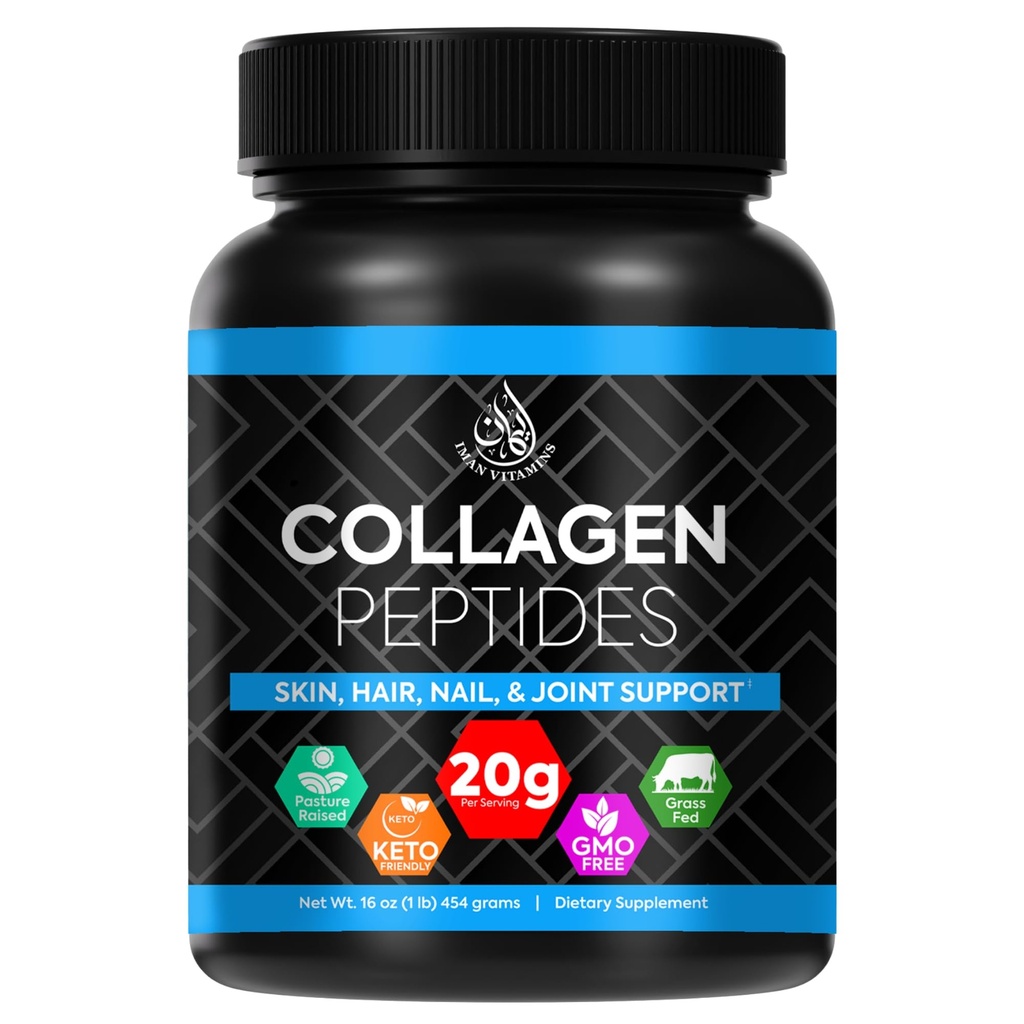 Halal Collagen Peptides Powder – Keto & Non-GMO, 1 lb | Grass Fed | 18g Protein & 20g Collagen Per Serving | Hair, Skin, Nail, and Joint Support Supplement