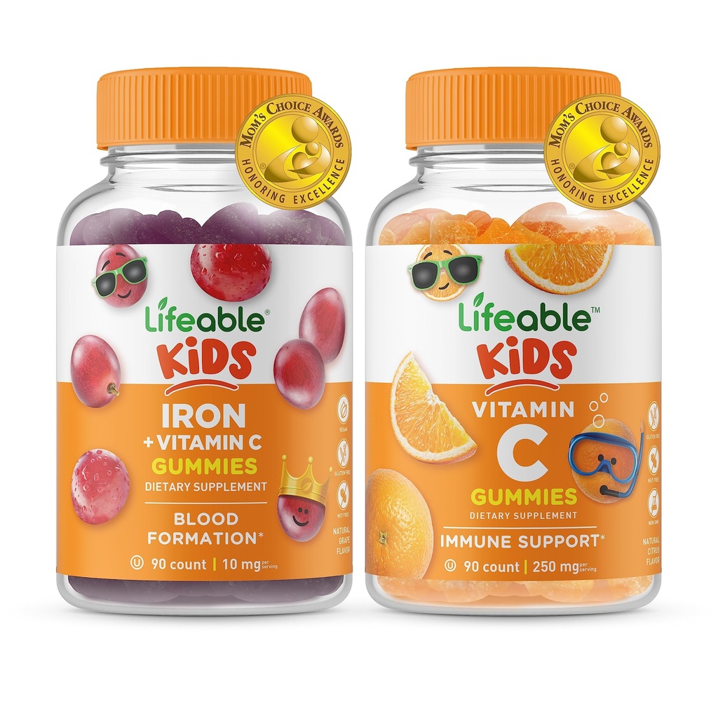 Lebendige Eisen & Vitamin C Kinder + Vitamin C Kinder, Gummis Bundle - Große Verkostung, Vitamin-Ergänzung, Glutenfrei, GVOfrei, Kaugummi