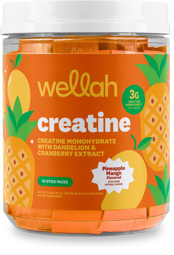 Wellah Creatine for Women (Pineapple Mango) 30 Stick Packs - 3g of Creatine Monohydrate with Dandelion & Cranberry Extract, to-Go Packets