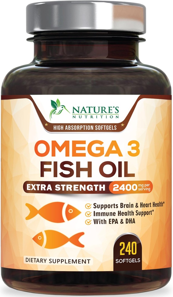 Omega 3 Fish Oil Supplements - 2400mg Fish Oil Per Serving - Triple Strength Omega-3 with EPA & DHA Fatty Acids - Natural Heart, Brain & Immune Support - Wild Caught, Bottled in USA - 240 Softgels