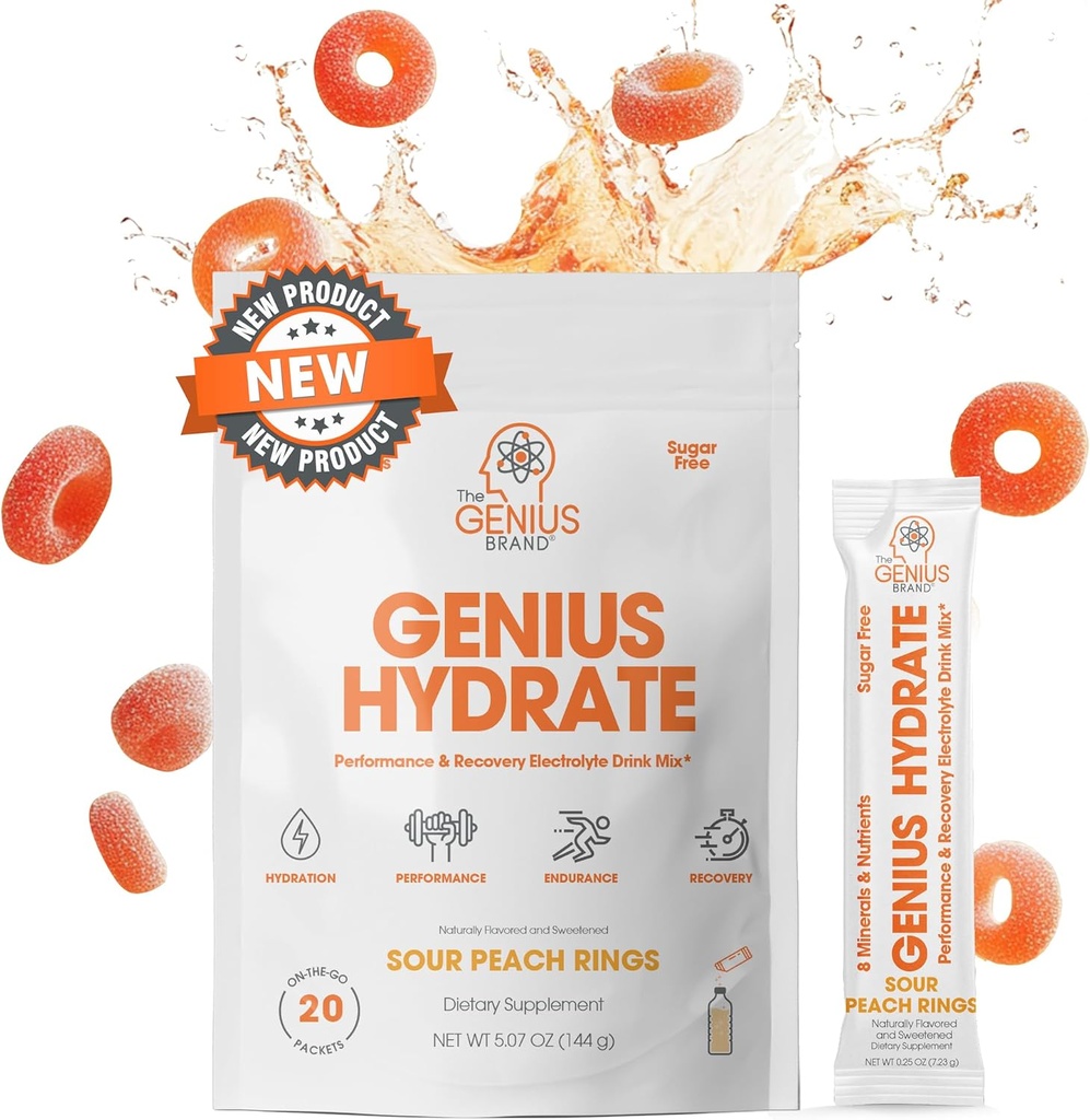 Die Genius-Marke Genius Hydrate - Elektrolyt-Ergänzung für die tägliche Hydration - Kokoswasser - Zuckerfrei - 8 Essential Minerals & Nährstoffe - Non-GMO - Sauere Pfirsichringe - 20 Portionen