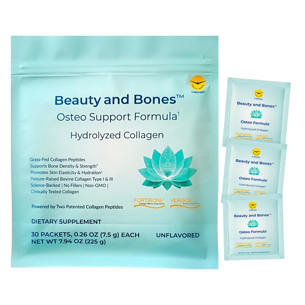 Beauty and Bones Collagen Peptides for Women, Clinically Studied FORTIBONE 5 g + VERISOL 2.5 g for Bone Strength & Skin Elasticity, 30 Sachets Hydrolyzed Types I & III