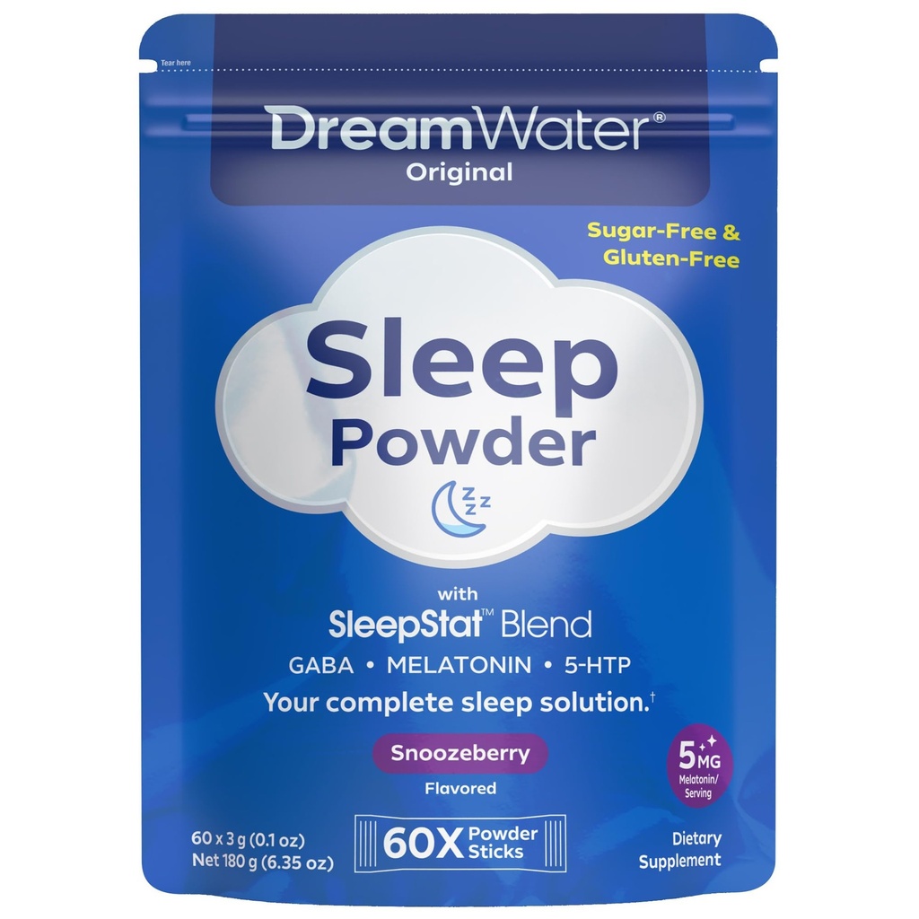 Dream Water Sleep Powder - Sugar-Free, Gluten-Free, Natural Flavors; Blend of 3 Ingredients, GABA, 5mg Melatonin, 5-HPT; Snoozeberry, 60-Count