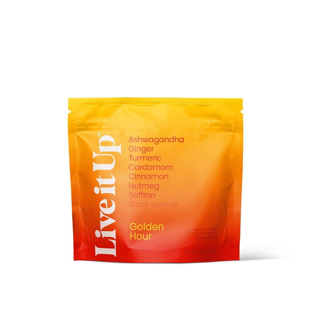 LIVE IT UP | Golden Hour: Relaxing Golden Milk Latte Powder with Ashwagandha, Ginger, Turmeric, Saffron, & Coconut | Supports Stress Relief and Sleep | Gluten-Free, No GMOs, Dairy-Free, & Plant-Based
