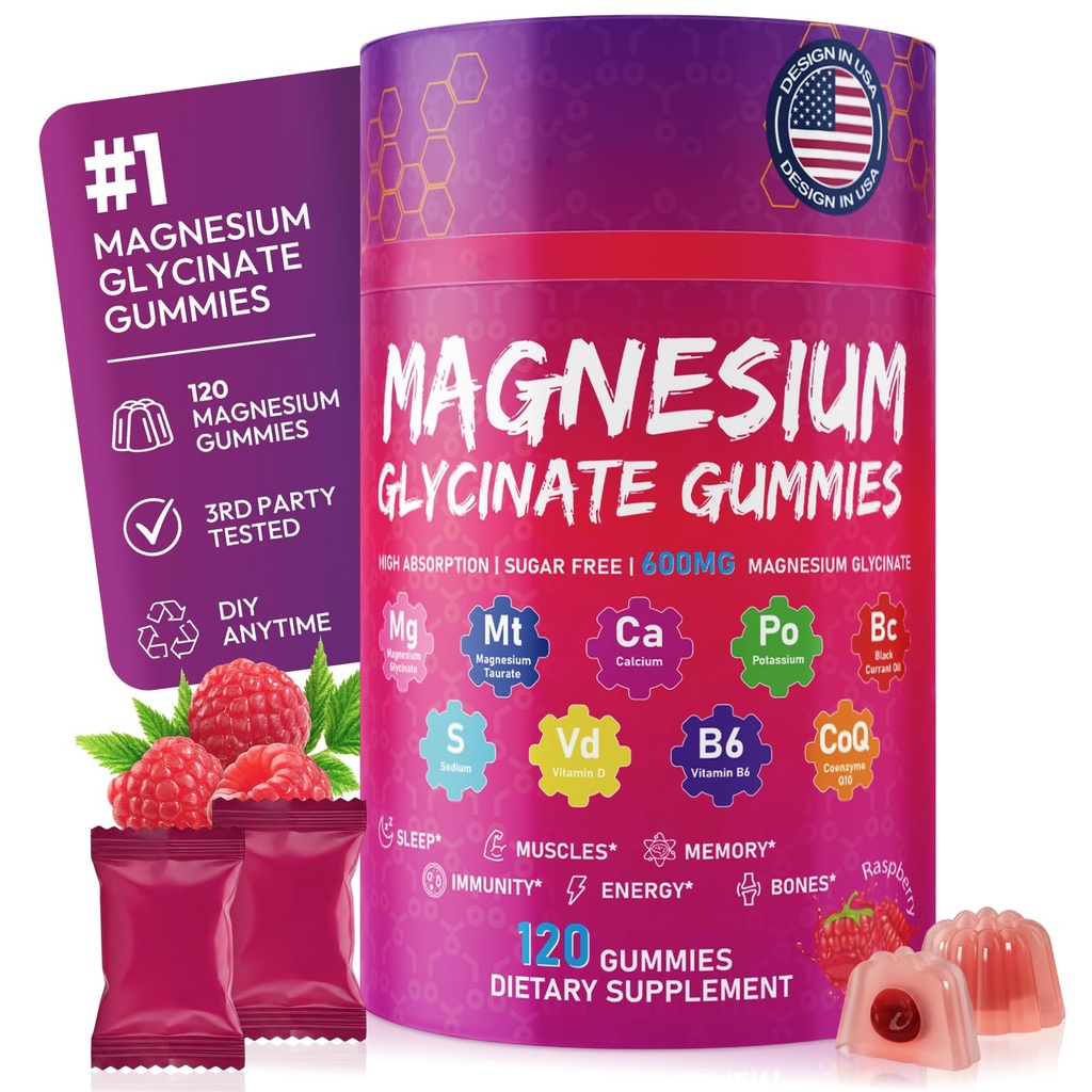 Magnesium Glycinate Gummies 600mg, High Absorption Magnesium Supplement with CoQ10, D3, B6, Pure Sugar Free Chewables Gummies for Women & Men Support Relax, Stress, Muscle & Bone, Raspberry, 120 Count