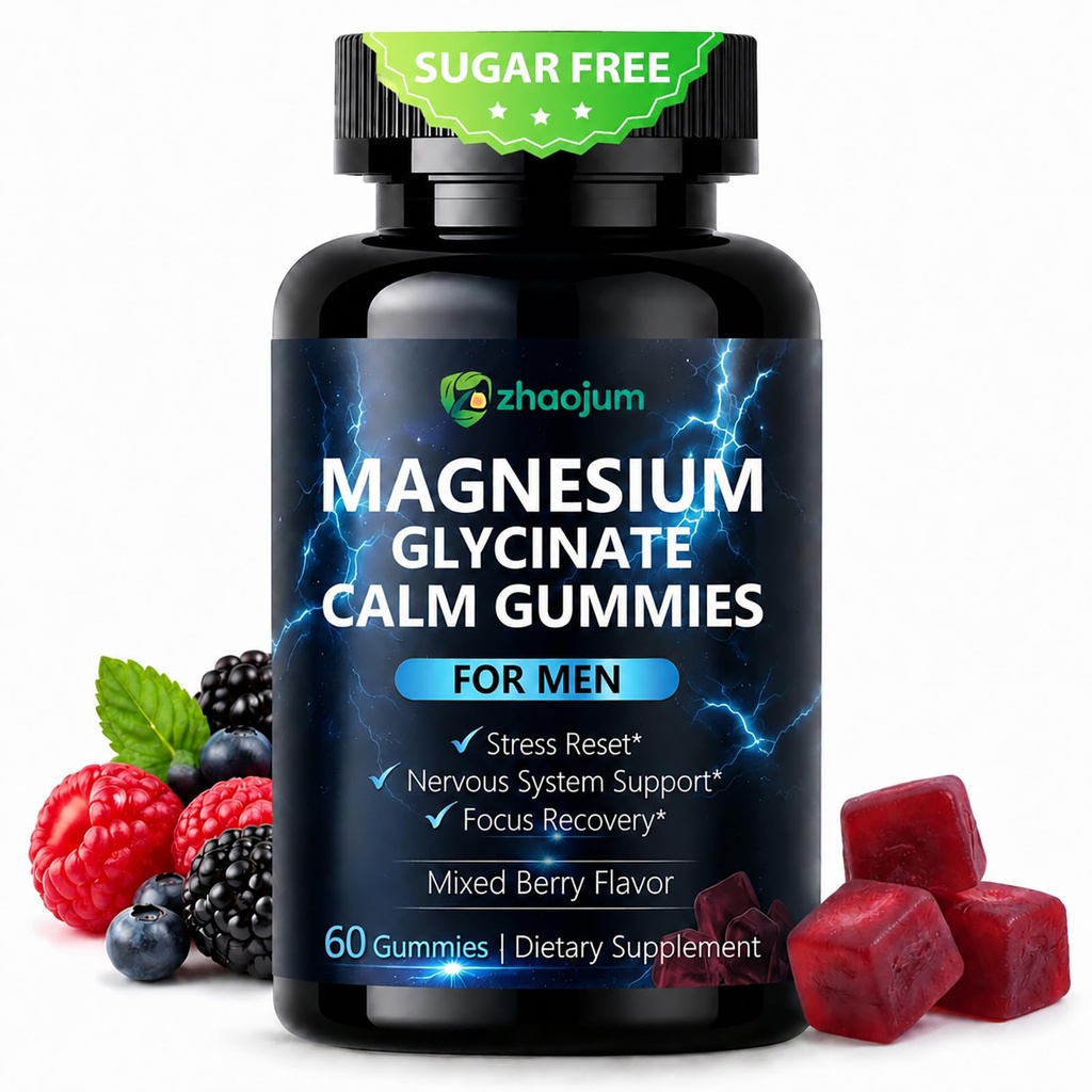 Magnesium Glycinate Gummies 200mg for Men, Stress Support & Relaxation, L-Theanine & Ashwagandha, Sugar Free Calm Magnesium Gummies, Supports Sleep & Muscle, Mixed Berry, 60 Count (Pack of 1)