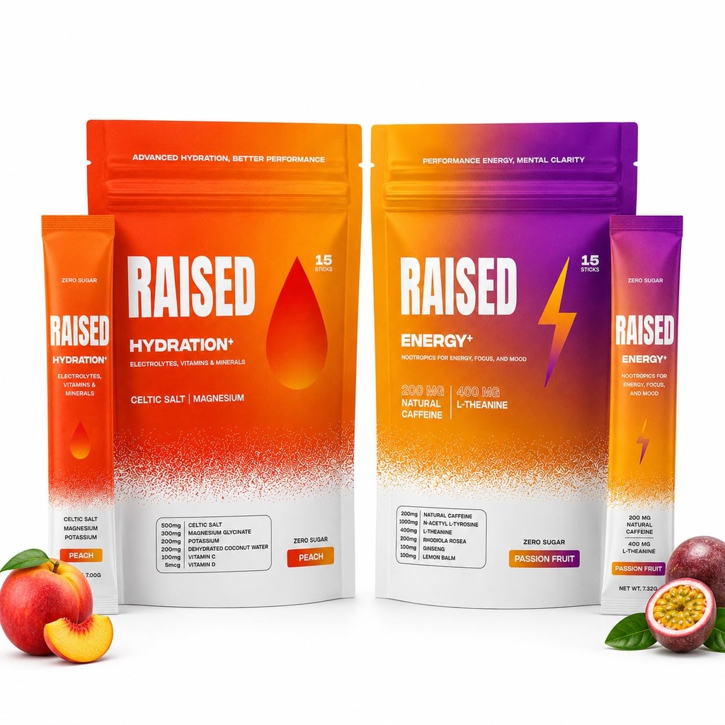 Raised Hydration+ & Energy+ Bundle | Electrolyte Drink Mix + Natural Caffeine Nootropic | 30 Total Sticks (15 Peach + 15 Passion Fruit)