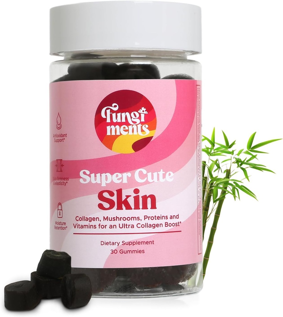 Fungiments Super Cute - Mushroom Supplement - Chaga Mushrooms, Biotin, Collagen Peptides, Keratin, Vitamin C, Bamboo Extract - Healthy Skin and Smooth Wrinkles (30 Mushroom Gummies)