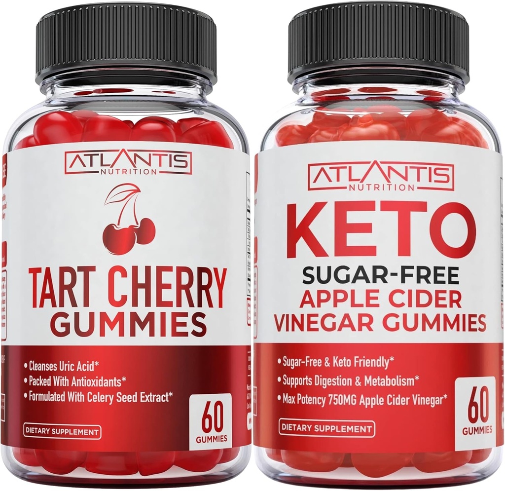Atlantis Nutrition Tart Cherry 60 Gummis + Sugar Free Keto Apple Cider Essig 60 Gummis