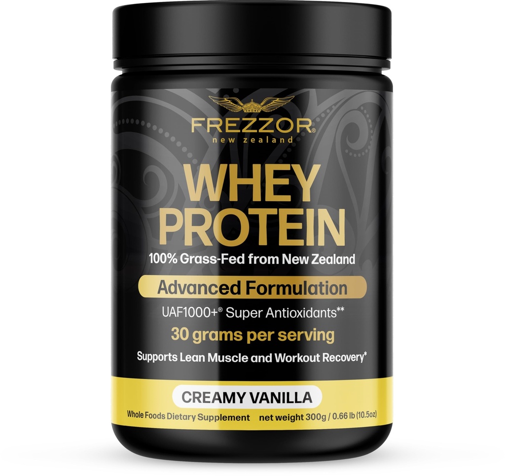 FREZZOR 100% Grass-Fed Whey Vanilla Protein Powder with UAF1000+, Keto Friendly, 21.9g Protein, BCAAs & EAAs, GMO-Free, rBGH-Free, No Added Sugar/Preservatives, Made in New Zealand, 300 Grams, 1 Count