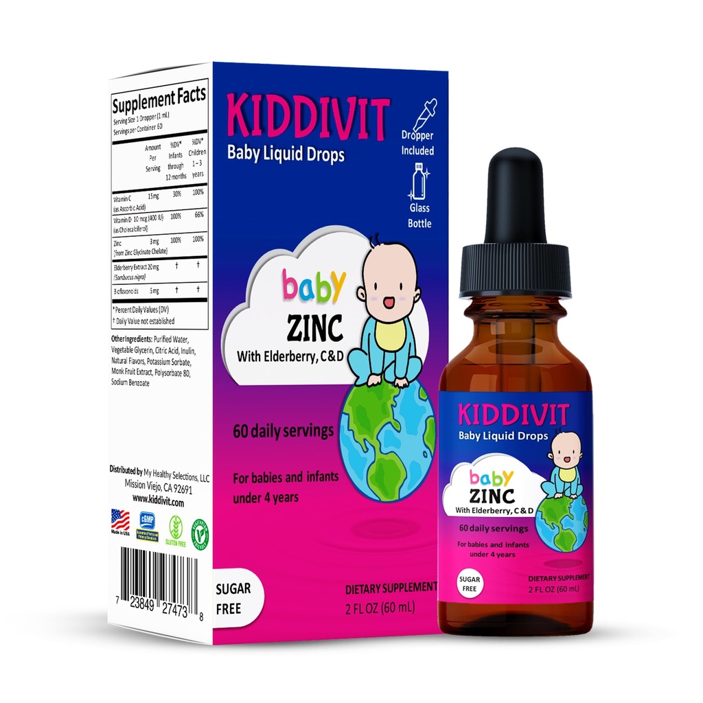 Kiddivit Baby Zink Flüssigkeitstropfen mit Elderberry, Vitamin D3 & C – Gentle Immun Support Supplement – 60 tägliche Servierungen, Inulin Fortified Prebiotic Fiber – Zuckerfrei, Glutenfrei, Vegetarisch, 2oz