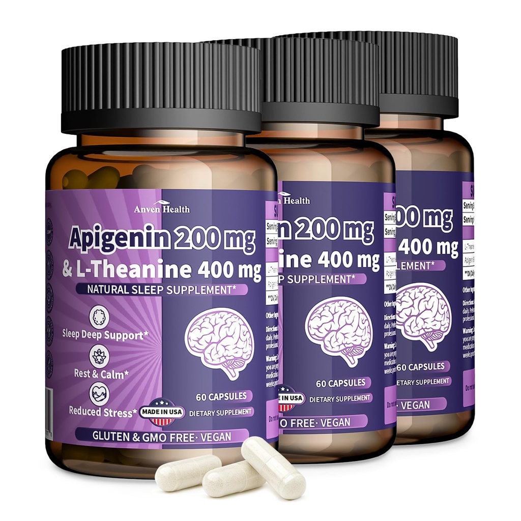 400mg L Theanine with Apigenin 200mg Supplement for Sleep – Natural Relaxation & Stress Support – Gluten Free, Non-GMO, Zero Fillers – Made in USA | 180 Veggie Capsules
