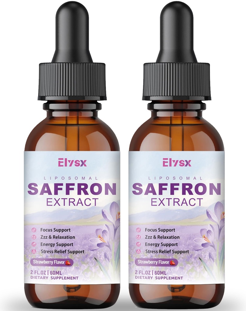 Liposomal Saffron for Kids & Adult, Organic Saffron Extract Liquid Drops with Holy Basil, Rosemary, L-Theanine for Stress, Focus, Energy Support, Eye Health, Vegan, Strawberry Flavor, 4 FL OZ