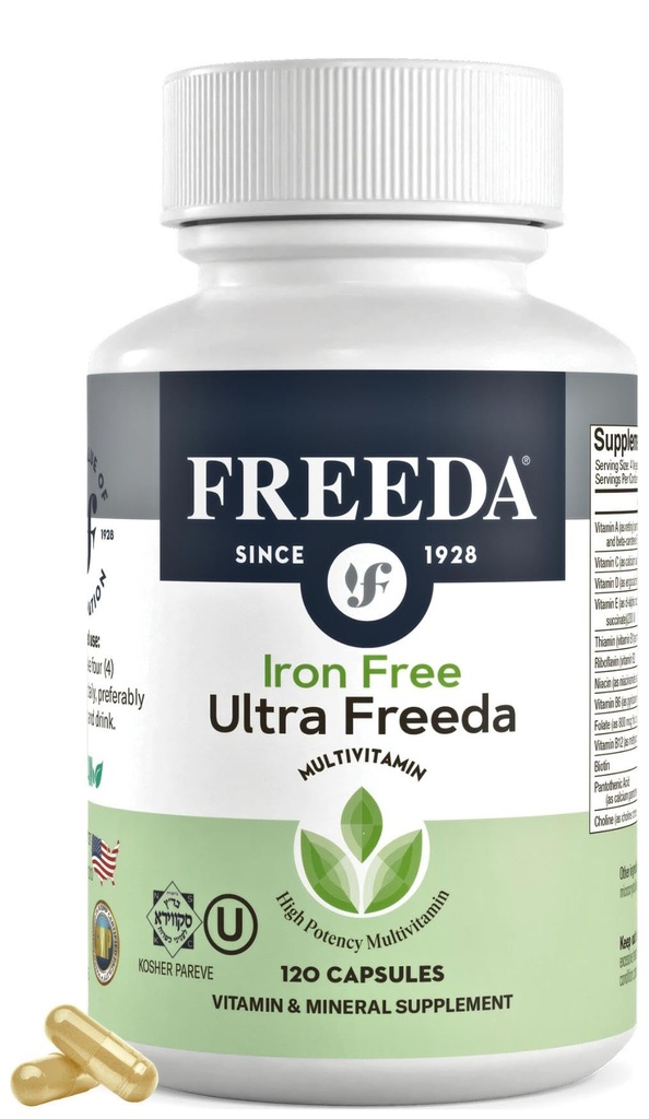 Freeda Maximum Strength Multivitamin – High Potency Daily Supplement for Active Adults (Men & Women) – Iron Free – SCD Diet Compatible – 120 Capsules – Ultra-Freeda