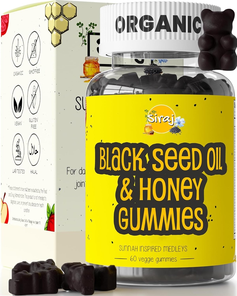 Siraj Organic Black Seed Oil Gummis w/Honey &15% Thymochinon | Multivitamin für Immununterstützung, Stress Relief Gummy Vitamine | Turmeric, Apple Cider Essig, Multivitamin Gummies