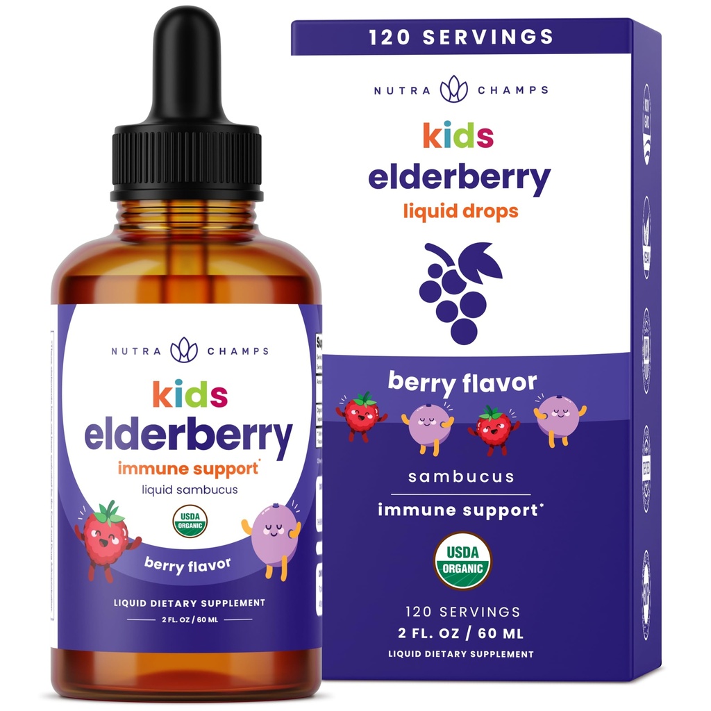 NutraChamps Black Elderberry für Kinder Flüssigkeitstropfen, 10:1 Extrakt Sambucus Elderberry Syrup für Kinder, Sugar-Free European Elderberry Drops Berry Flavor, Immununterstützung, 4 Monate Versorgung