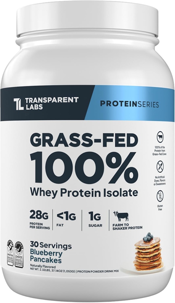 Transparent Labs Grass-Fed Whey Protein Isolate - Natural Flavor, Gluten Free Whey Protein Powder w/ 28g of Protein per Serving & 9 Essential Amino Acids - 30 Servings, Blueberry Pancakes
