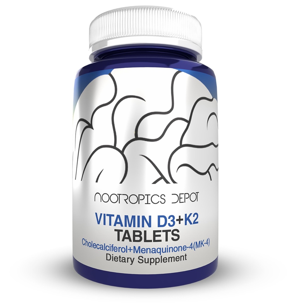 Nootropics Depot Vitamin D3 + K2 mit Vitamin C Tabletten | 60 Graf | Cholecalciferol + Menaquinone-4 (MK-4) | Stimmung, & Knochen Gesundheit | Gesunde Calciumabsorption
