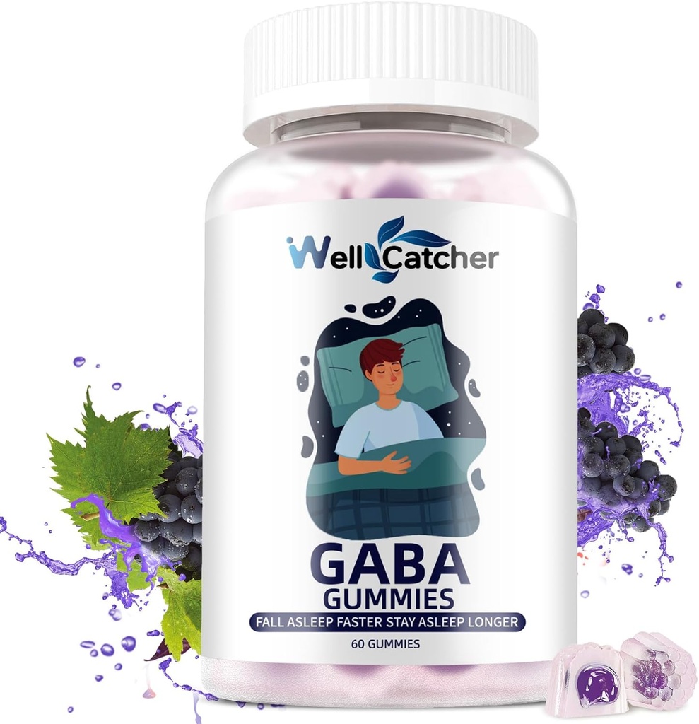 GABA Supplement Gummies 500mg: Kaubare GABA L-Theanine Zusatzgummis für Erwachsene Kinder Nicht Melatonin Schlafhilfe ruhiger Geist mit 5-HTP für Stress-Relief Zzz besser Zucker freier Geschmack 60CT