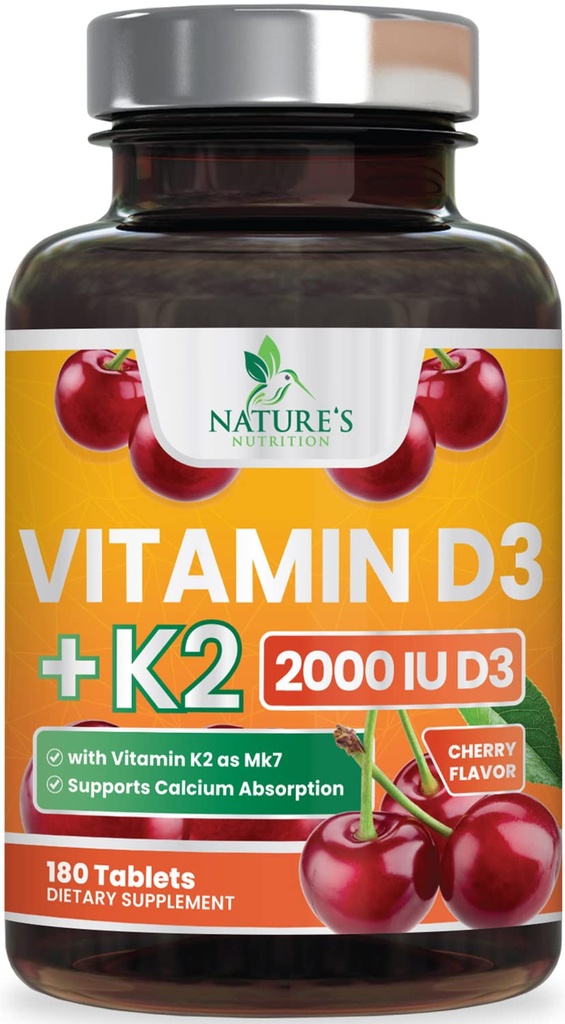 Vitamin D3 K2 2000 IU Plus mit K2 (MK-7) 75 mcg - Vitamine D & K Complex Supplement für Knochen, Zähne, Muskel, Kalziumabsorption, Unterstützt Immun- & Herz-Gesundheit, Non-GMO Kaubare Formel - 180 Tabletten