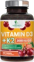 Vitamin D3 K2 2000 IU Plus mit K2 (MK-7) 75 mcg - Vitamine D & K Complex Supplement für Knochen, Zähne, Muskel, Kalziumabsorption, Unterstützt Immun- & Herz-Gesundheit, Non-GMO Kaubare Formel - 180 Tabletten