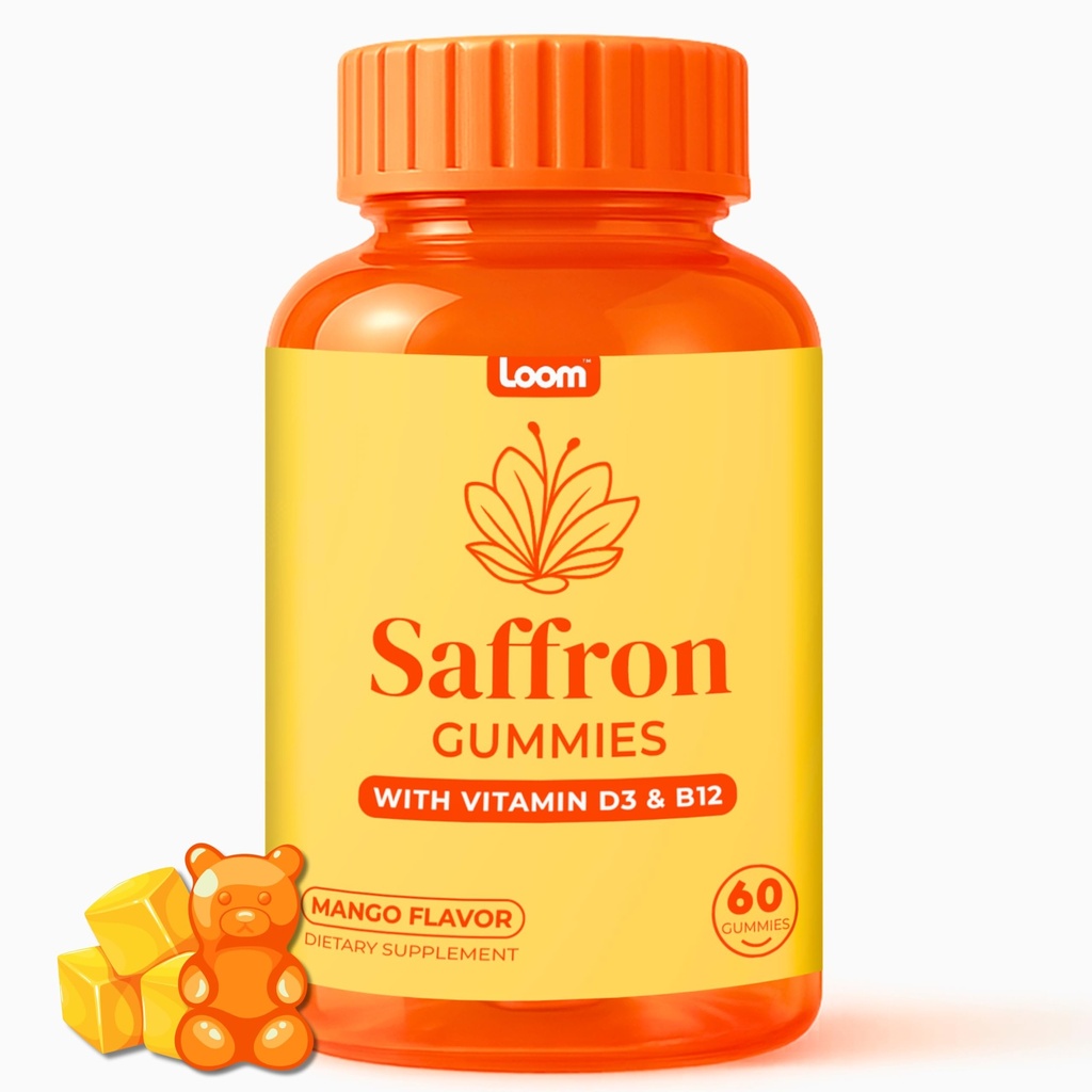 Loom Saffron Gummies with Vitamin D3 & B12 – Natural Mood & Energy Support for Emotional Balance and Stress Relief – Tropical Mango, 60 Count (60 Count, Mango)