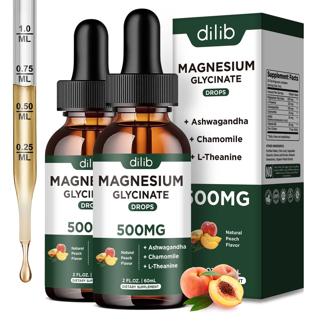 Magnesium Glycinate Liquid Drops Supplement, with Magnesium Glycinate 500mg Ashwagandha, L - Theanine, Chamomile -Support Stress Relief, Bone, Muscle, Mood Peach Flavor 2Pack