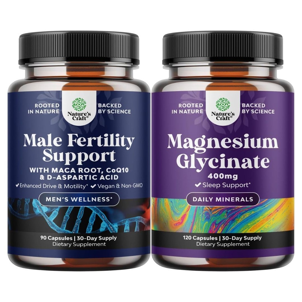 Bundle of Pre Conception Male Fertility Supplement with CoQ10, Maca Root, Methyl Folate & D-Aspartic Acid and Pure Magnesium Glycinate Supplement 400mg Per Serving for Mood Sleep & Relaxation Support