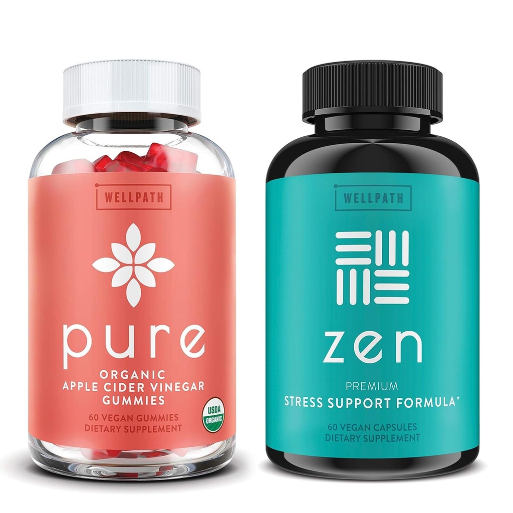 WellPath Pure Apple Cider Vinegar with Mother Gummies & Zen Mood Support Supplements Bundle - Detox & Calm Energy Combination, Vegan, 60 Cts Each