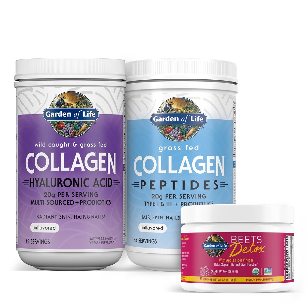Garden of Life Collagen Beets Bundle: Multi-Sourced Collagen Hyaluronic Acid Unflavored, 12 Servings + Organic Beets Detox Cranberry Pomegranate, 30 Servings + Collagen Peptides Powder, 14 Servings