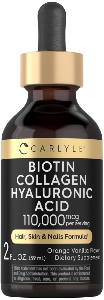 Carlyle Liquid Biotin and Collagen 110,000mcg | 2 fl oz | with Hyaluronic Acid | Orange Vanilla Flavor | Hair, Skin and Nails Formula | Non-GMO, Gluten Free Supplement
