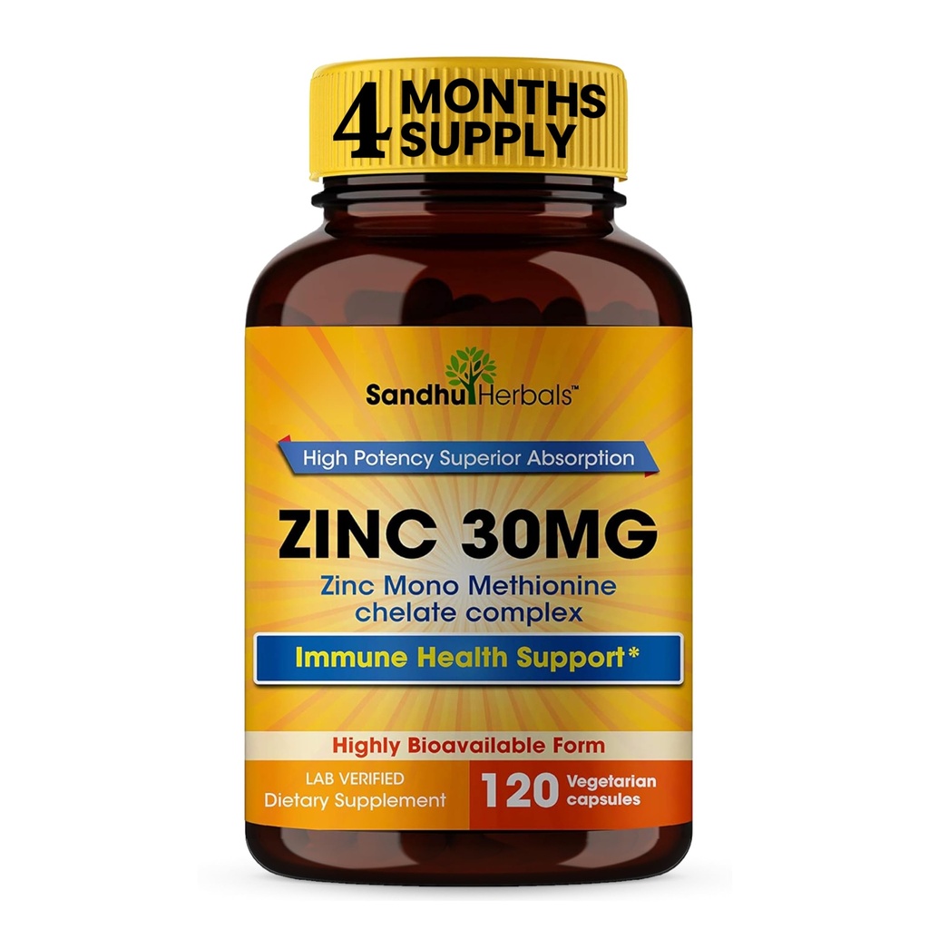 SANDHUHERBALS Zink 30mg Kapseln für Männer & Frauen | 120 Count (Pack von 1) | Zink Ergänzungen für Immun- & Antioxidans Unterstützung | Zink 30 mg Supplement unterstützt Hautgesundheit