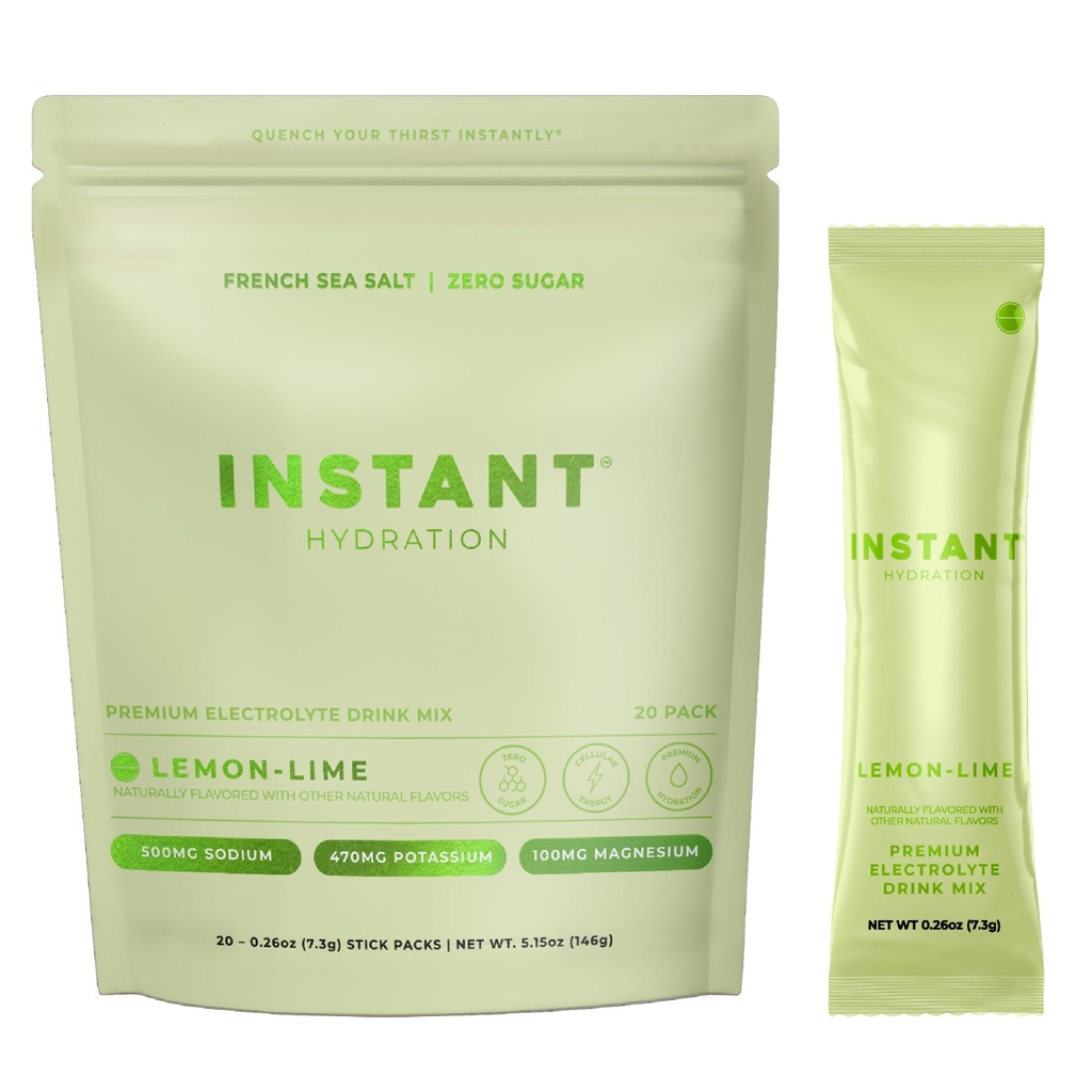 Instant Hydration Sugar Free Electrolytes Powder Packets - Lemon Lime Electrolyte Drink Mix & Travel Essentials - Post Workout Recovery, Brain Health, Muscle & Tissue Support - 20 Sticks