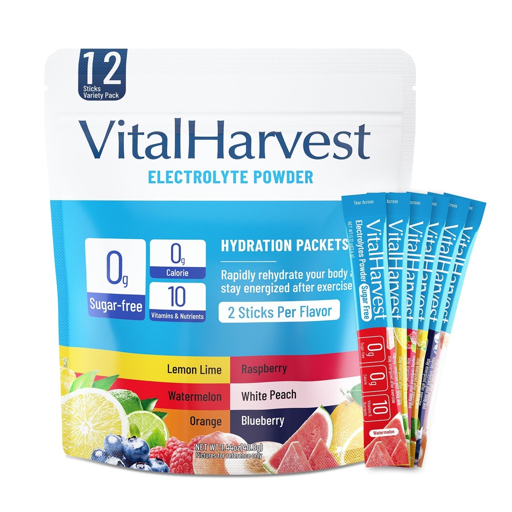 12 Sticks Electrolytes Powder Packets 6 Flavors Sugar Free Hydration Packets Electrolyte Liquid Daily IV Drink Mix with Lemon Lime, Watermelon, Orange, Raspberry, White Peach, Blueberry