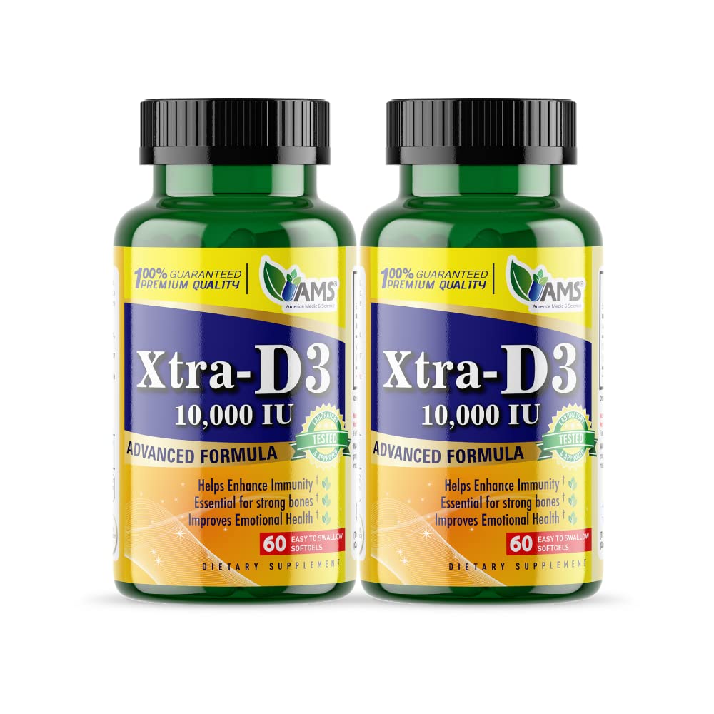 America Medic & Science Xtra D3 Vitamin D 10,000 IU (250 mcg) Cholecalciferol Supplement for Men & Women (120 Easy to Swallow Softgels)Best for Bone, Heart Health, Immune System Support, Lung Function