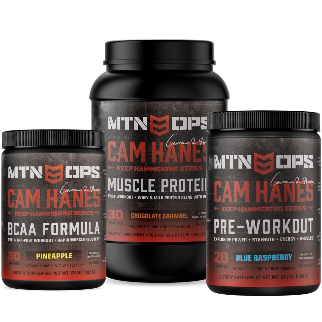 MTN OPS Cam Hanes Supplement Bundle – Chocolate Caramel Whey Protein, Blue Raspberry Pre Workout & Pineapple BCAA