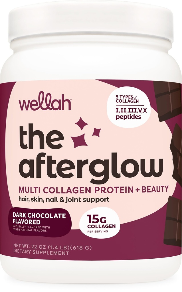 Wellah The Afterglow Multi Collagen Protein + Beauty (Dark Chocolate) | Hair, Skin, Nail & Joint Support, 30 Servings, GMO-Free and Gluten Free