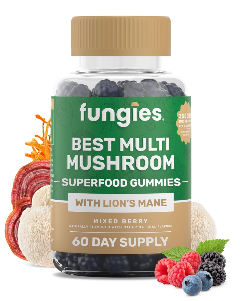 Fungies Mehr Pilz-Gummi für Männer & Frauen - Pilz-Ergänzung Inklusive Lion's Mane, Cordyceps, Reishi, Chaga, Shiitake, Maitake & Turkey Tail - Gelatin-Free, Gluten-Free & Vegan Gummy Vitamins