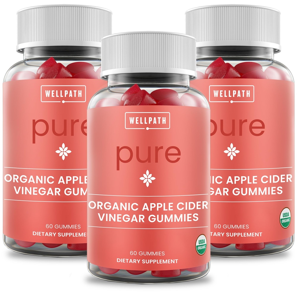 WellPath Pure Organic Apple Cider Essiggummis aus der Mutter (3 Pack) - Made with Ginger for Gut Health | Vegan, Non-GMO, 180 Ct