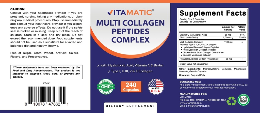 Vitamatic Multi Collagen Peptides Complex with Hyaluronic Acid, Vitamin C & Biotin, Types I, II, III, V & X Collagen, 240 Capsules, Non-GMO, Made in USA