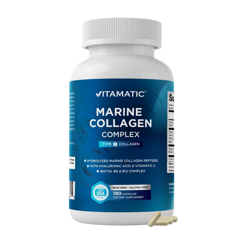 Vitamatic Marine Collagen Complex Type I – 2000 mg per Serving with Hyaluronic Acid, Vitamin C, Biotin, B6 & B12 – 180 Capsules – Non-GMO & Gluten Free, Made in USA