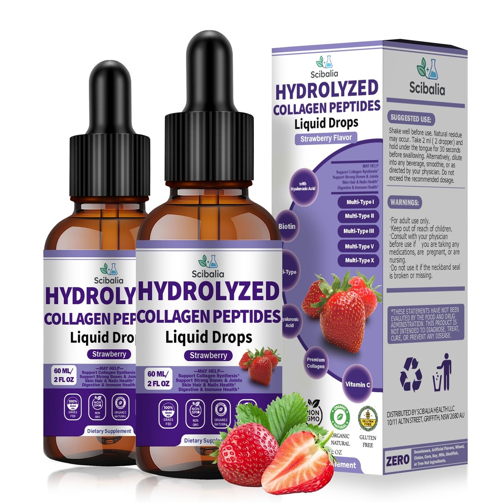 2 Pack Multi Collagen Peptides Liquid Drop with Types I, III, V, X, Hyaluronic Acid, Vitamin C, Biotin for Skin, Hair & Nail Health, Hydrolyzed Liquid Collagen High Absorption for Women & Men
