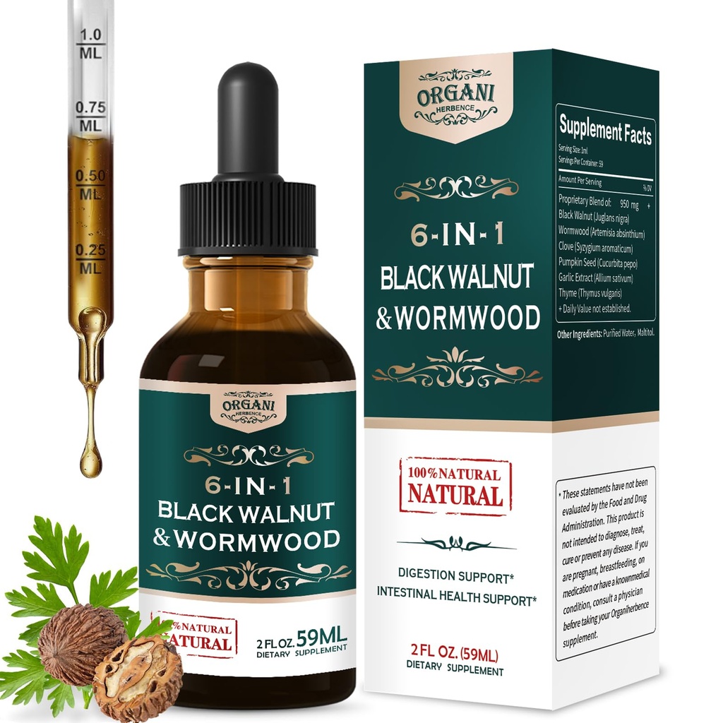 Black Walnut & Wormwood Extract Drops, 6-in-1 Herbal Supplement for Digestive Support & Intestinal Health. 4oz